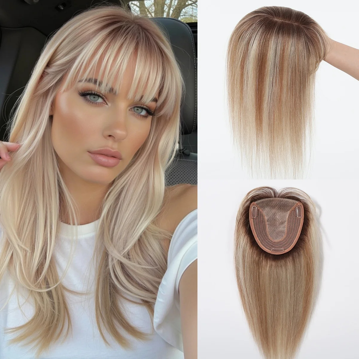 Toppers de cabelo humano com destaque loiro marrom, 5x5.5 polegadas, base de seda, peças de cabelo, 14 polegadas, toppers reais com 3 clipes para perda de cabelo feminino