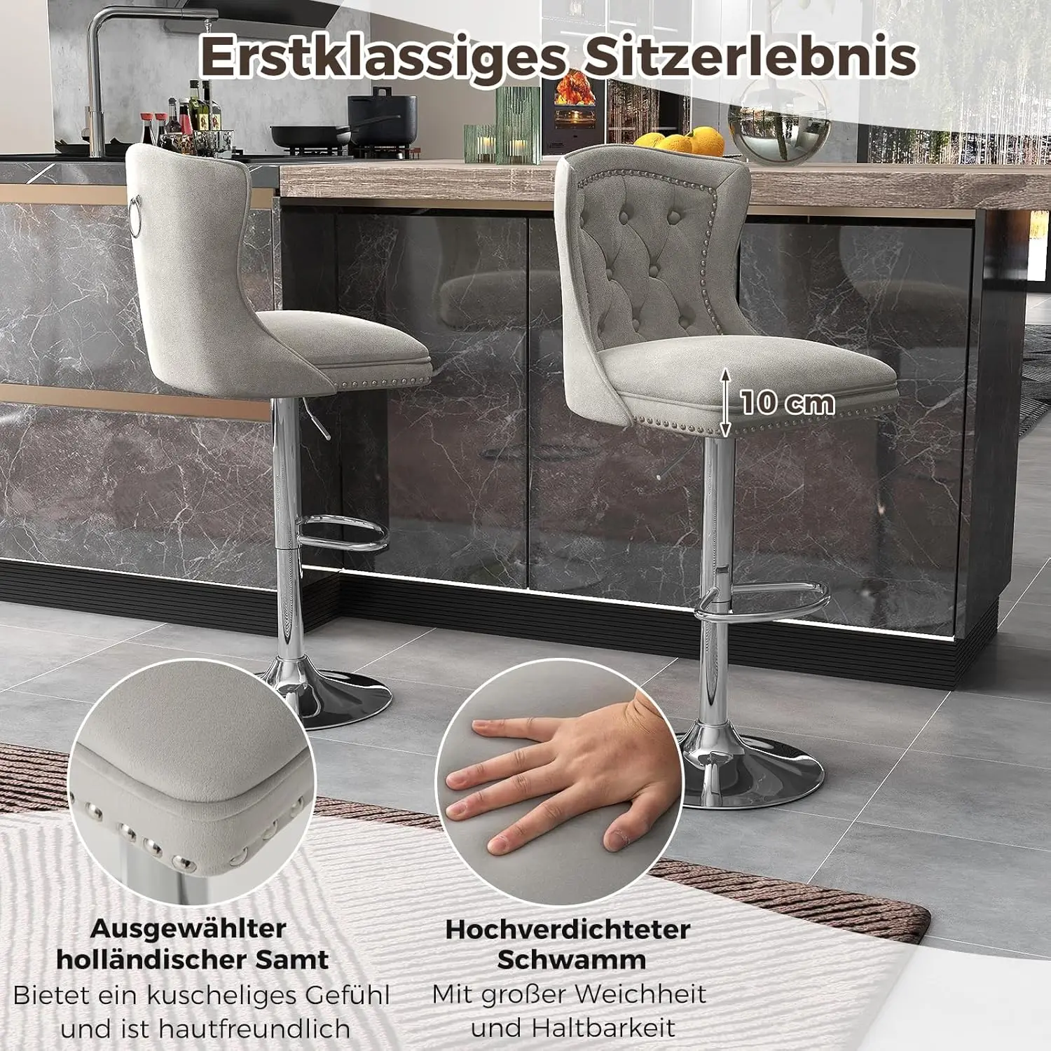 Set di 2 sgabelli da Bar, sedie da Bar 67-87 cm, regolabili in altezza, in velluto, sgabelli da cucina con schienale e Base in metallo