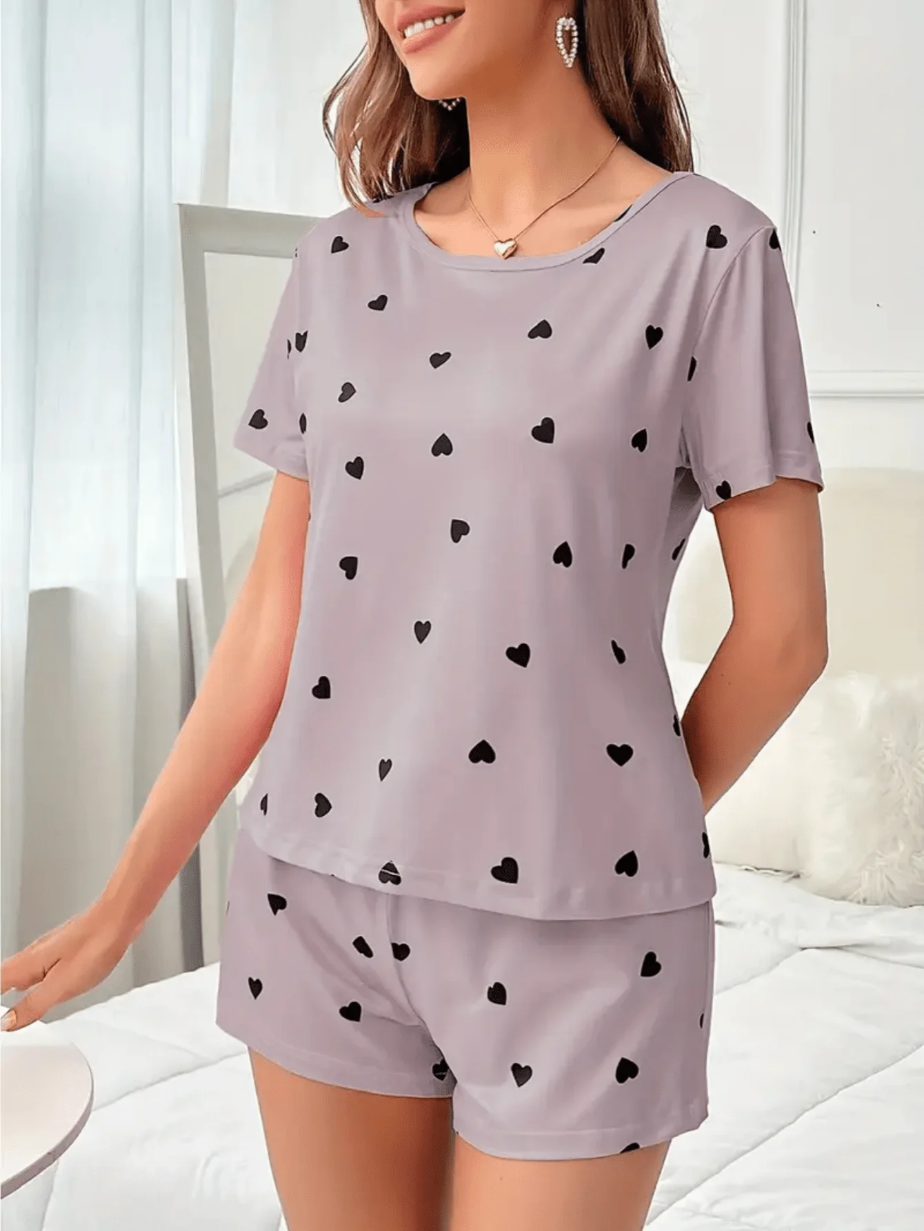 Ensemble de vêtements de nuit 2 pièces en tricot imprimé amour pour femmes, doux, à la mode, manches courtes et Shorts, pour un usage confortable pour la maison