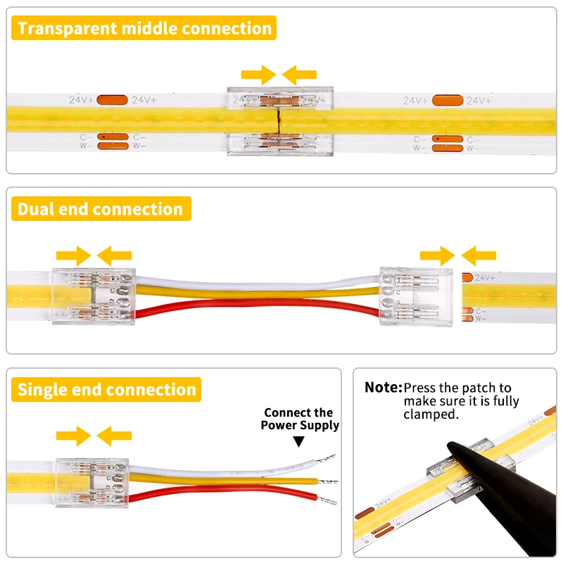 Conector de tira de LED transparente sin soldadura, 5 uds., para COB 2835 5050 DIM RGB CCT, luces de tira LED IP20, conectores de extremo doble único