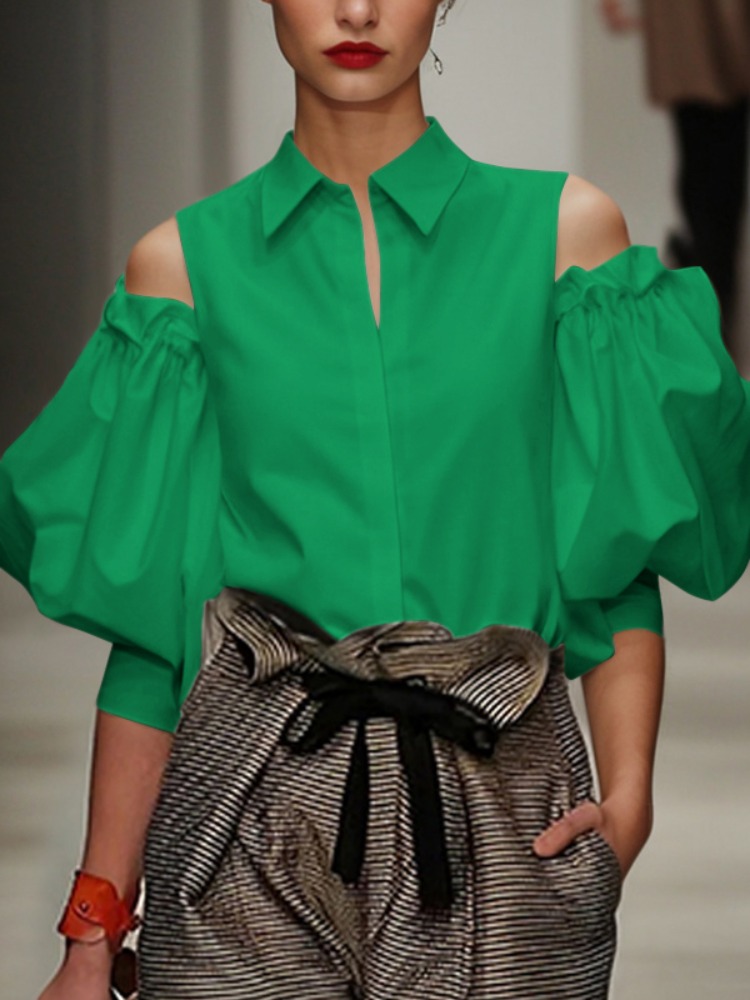 Modigirl 秋春 Feamle タキシードシャツトップス 2025 夏コールドショルダーシックなヴィンテージオフィスパーティーレジャーブラウス女性のための