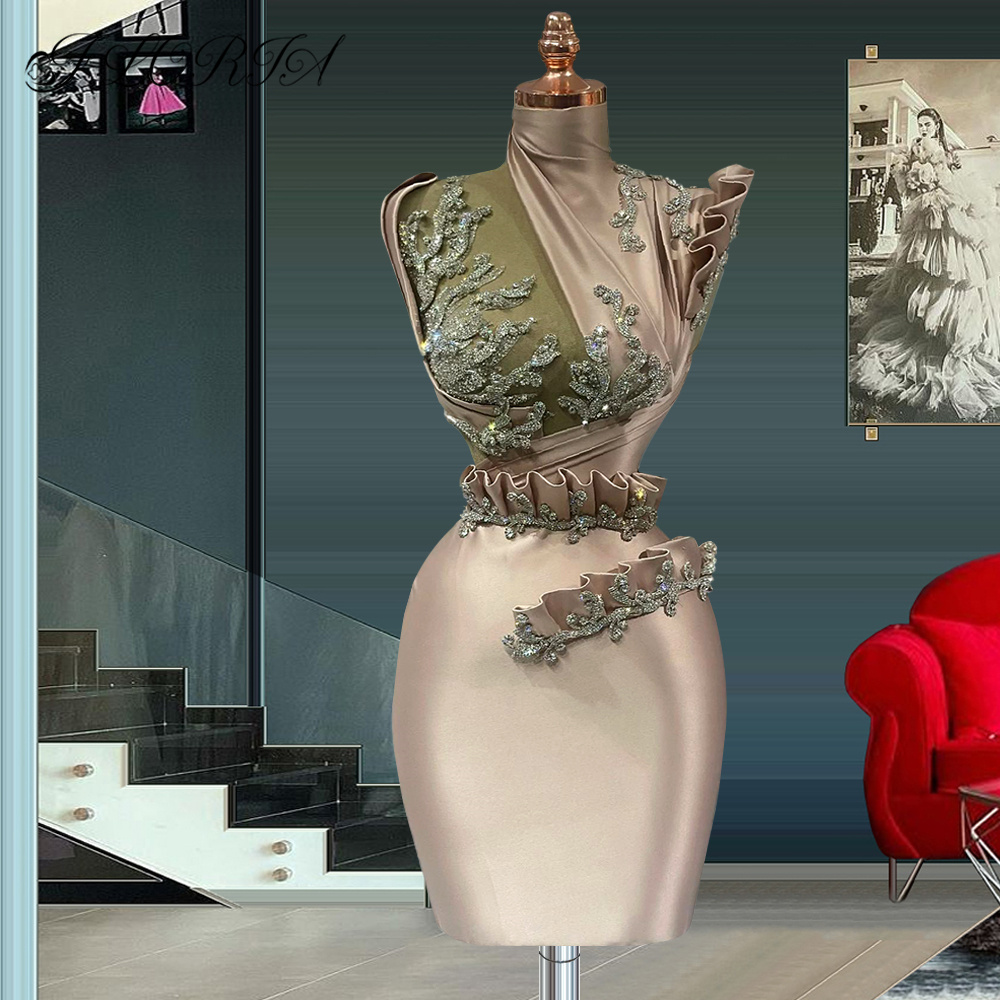 Gaun pesta pendek elegan seksi applique kristal kerah tinggi gaun malam Cocktail Mini wanita ukuran Plus vestidos de gradacion