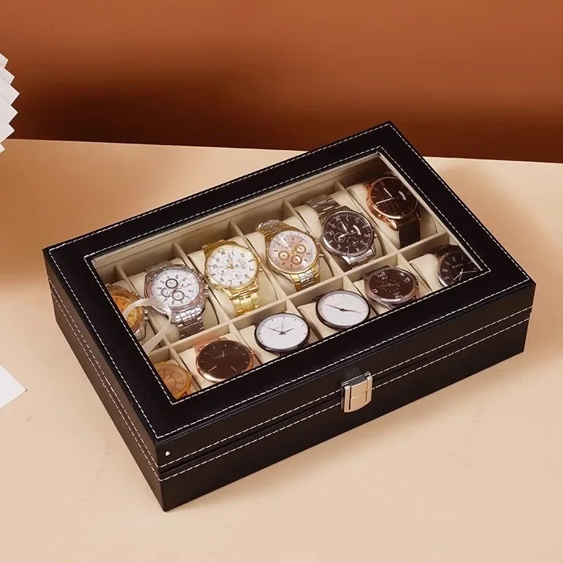 Uhrenvitrine-Organizer aus Leder im klassischen Stil – Schmuckaufbewahrungsbox mit Glasplatte für Herren – mehrere Schlitze erhältlich