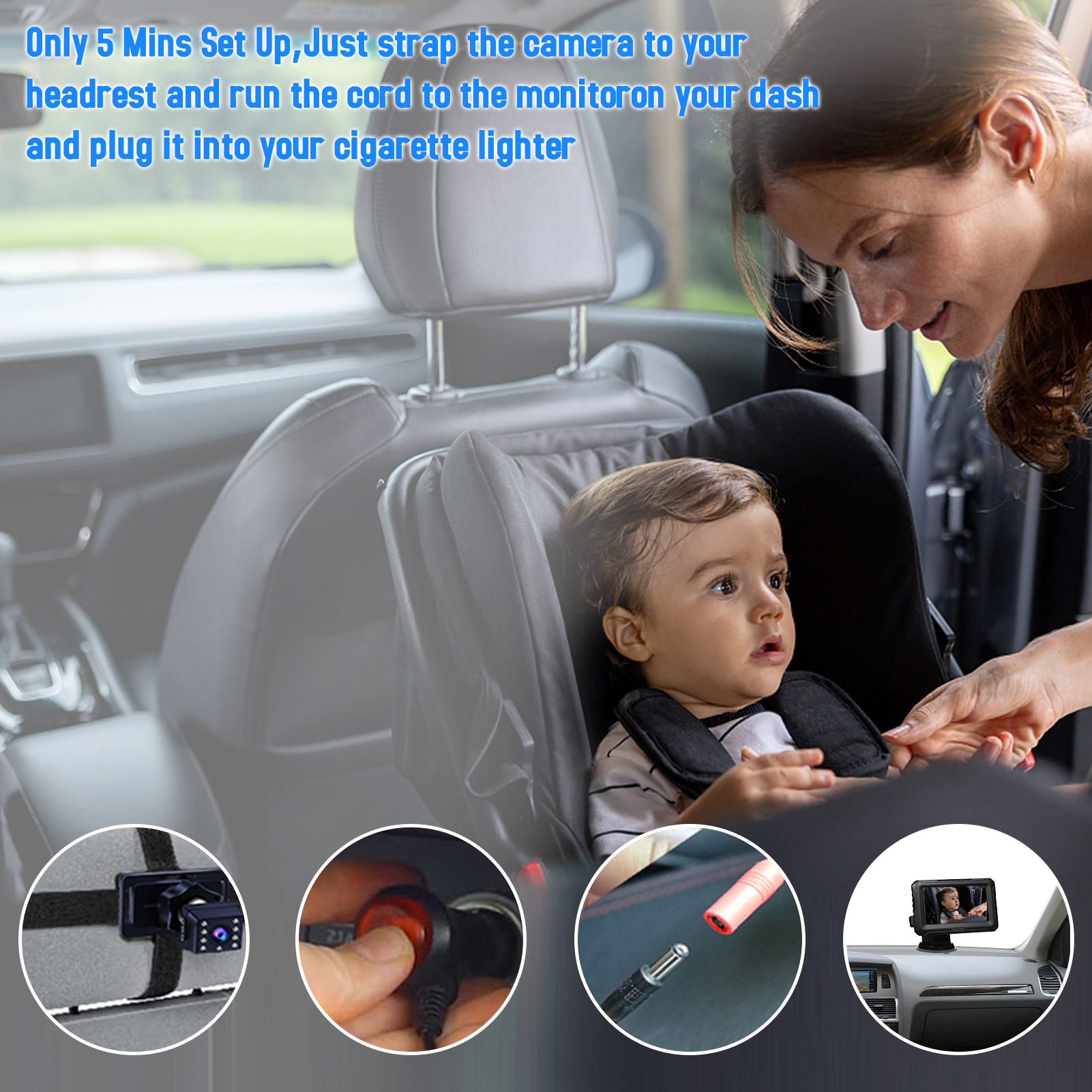 Monitor de visão traseira ajustável com tela IPS, espelho de carro do bebê, ângulo de visão larga ajustável para bebês, crianças, animais Night Vision Function, 4,3"