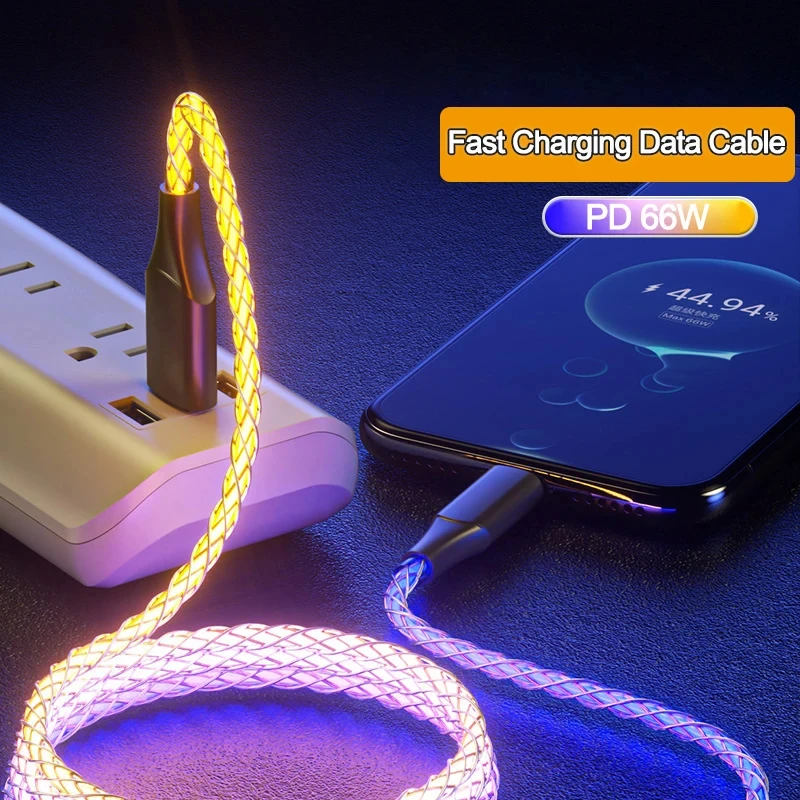 RGB 66W 6A Fast Charging USB to C Cable Colorful Streamer Glowing Line for Samsung Xiaomi Redimi Huawei Charger USB C Cable
