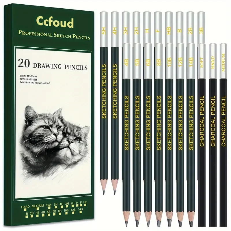 20/54/58/70/144 Kit de dibujo y bocetos |   Estuche de viaje portátil |   Grafito, Carbón, Color Blanco |   Con tocones de mezcla