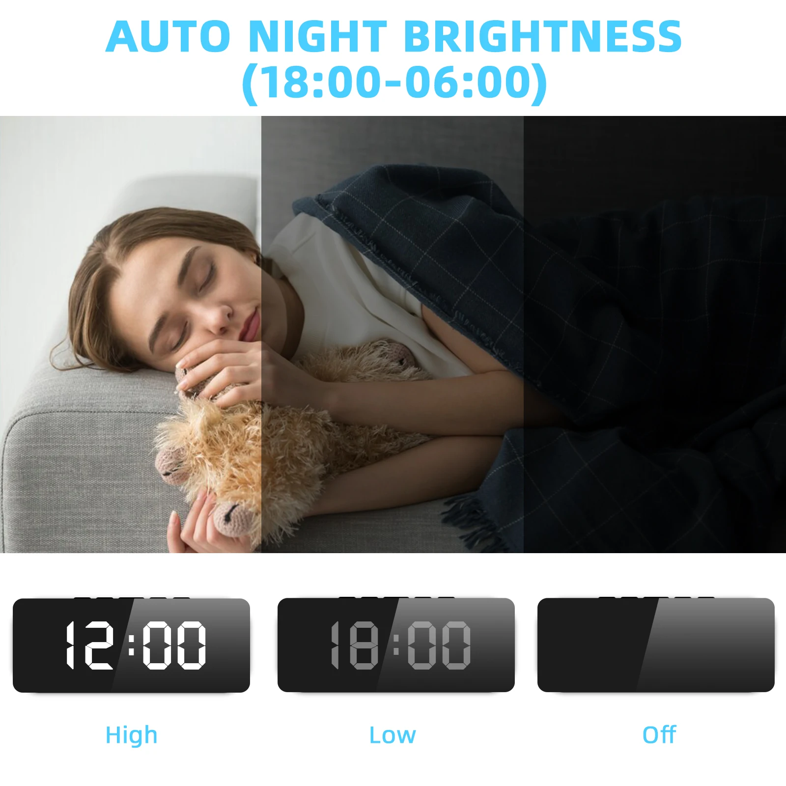 Sveglia intelligente Comodino Sveglia a LED Sveglia elettronica digitale per bambini Schermo curvo Temperatura a specchio