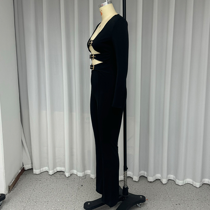 Webads-女性用長袖Vネック中空ベルトジャンプスーツ、ハイウエストフレアパンツ、ファッションロンパース、モノクロロンパース、ストリートウェア