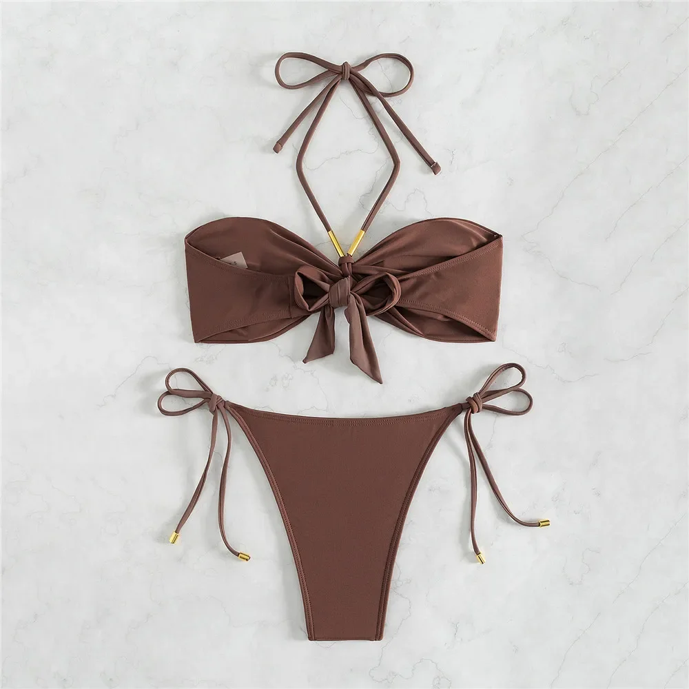 Maillot de bain marron String licou Bandeau Bikinis ensembles Micro String Sexy maillot de bain femmes dos noué maillot de bain Bikini Mujer 2025
