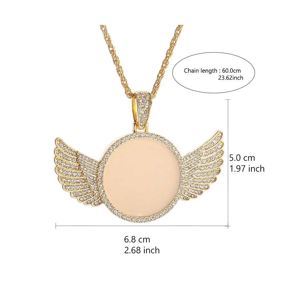 Htpwe ailes d'ange miroir Photo pendentif commémoratif incrusté de cristal de glace zircone collier Couple bijoux à la mode cadeau d'anniversaire