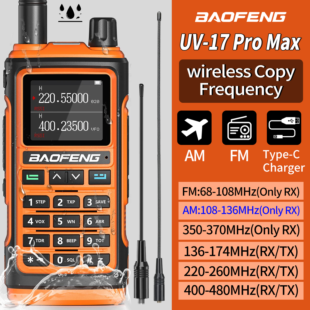 Baofeng UV-17pro Max Air Band Walkie Talkie Draadloze Kopieerfrequentie Lange Afstand Type-C Noaa Am Draagbare UV-5R Ham Tweewe