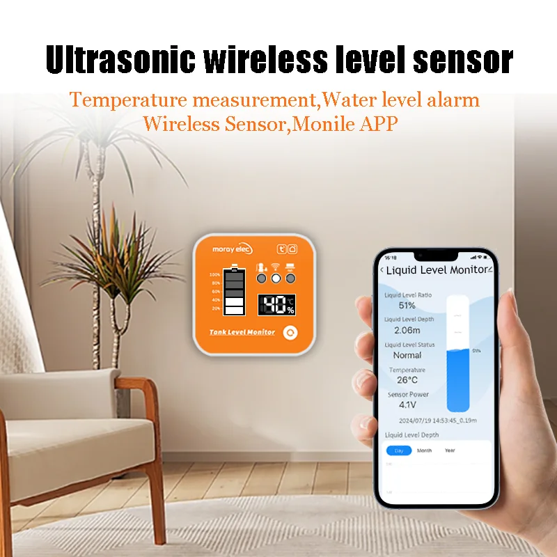 ME201R Tuya APP Ultrasonic Level Sensor with LCD Display Temperature Indicator Time Display For Water Tank Level Monitor