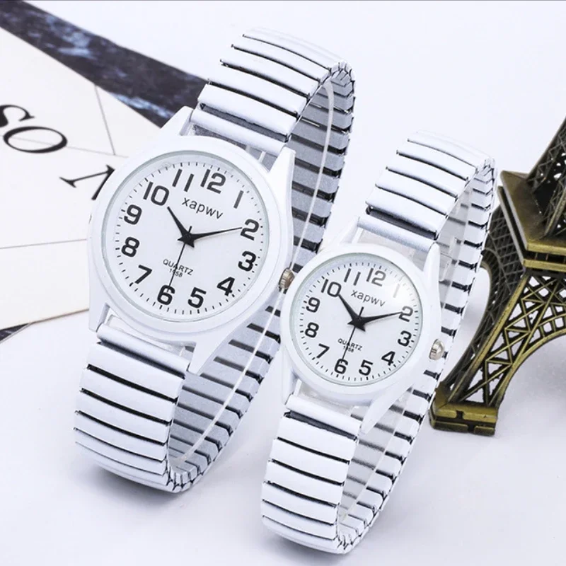 Reloj creativo con banda elástica en blanco y negro para parejas mayores, reloj Retro elástico para parejas, 1 unidad