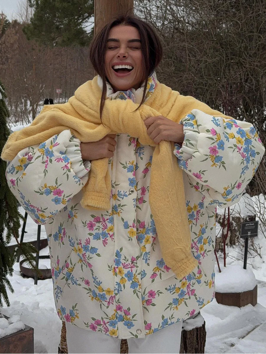 Yaminiya модная утепленная женская куртка-пуховик оверсайз с воротником-стойкой на молнии с цветочным принтом теплое хлопковое пальто наполнитель осень-зима