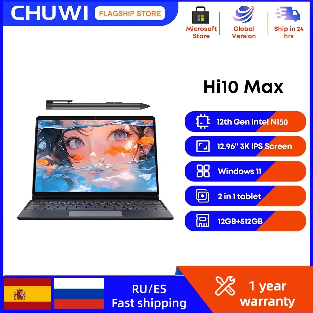 CHUWI 2025 Hi10 Max N100/150 12.96 Inch Touch 2 in 1 Laptop Tablet Intel 12GB DDR5 512GB SSD Windows 11 3K IPS Screen Tablets PC