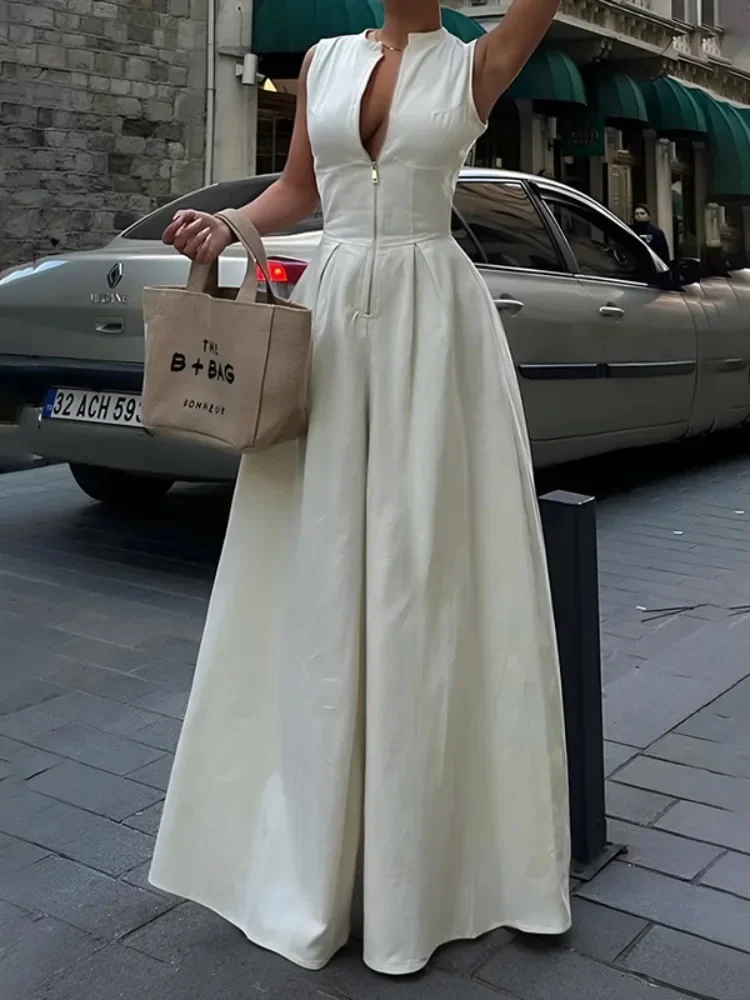UOOZEE 2025 Neue Einfarbig Zipper V-ausschnitt Weibliche Overalls Sommer Ärmel Taschen Hohe Taille Breite Bein Overalls Für Frauen