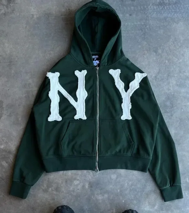 Chaqueta de moda de marca europea y americana con letras bordadas, Sudadera con capucha de gran tamaño para hombres Y2k Harajuku, sudadera Retro con cremallera