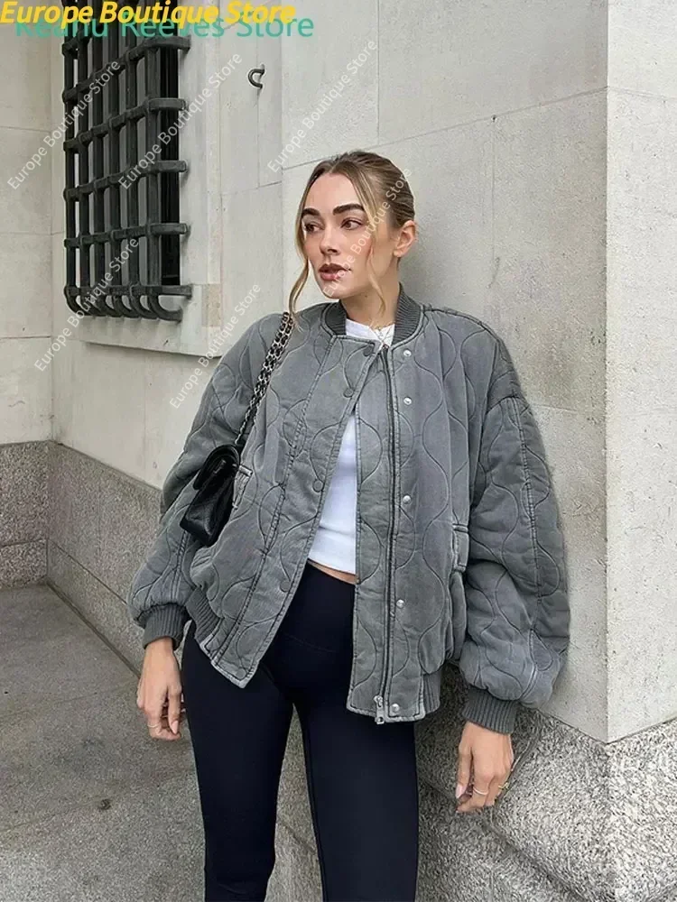 Gewatteerde grijze katoenen damesjas met enkele rij knopen, casual zak, opstaande kraag, jassen met lange mouwen, herfst-winter, woon-werkkleding