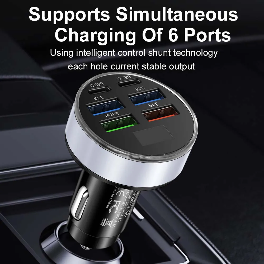 Cargador de coche de 100W, 6/10 puertos, carga rápida PD QC3.0, USB C, adaptador tipo C para iPhone, Xiaomi, Samsung, Huawe