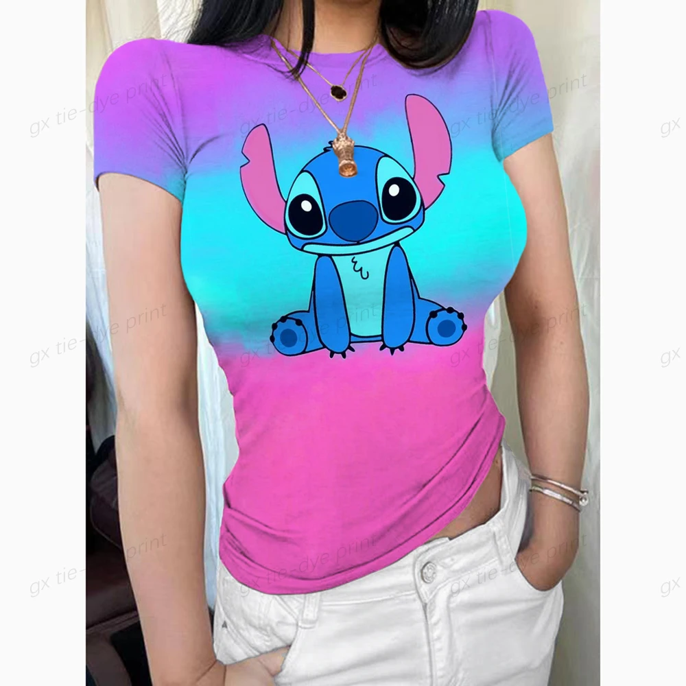 Camiseta con estampado 3D de Lilo y Stitch de Disney para mujer, camiseta ajustada de manga corta, camiseta de moda para mujer para vacaciones en la playa, XS-3XL