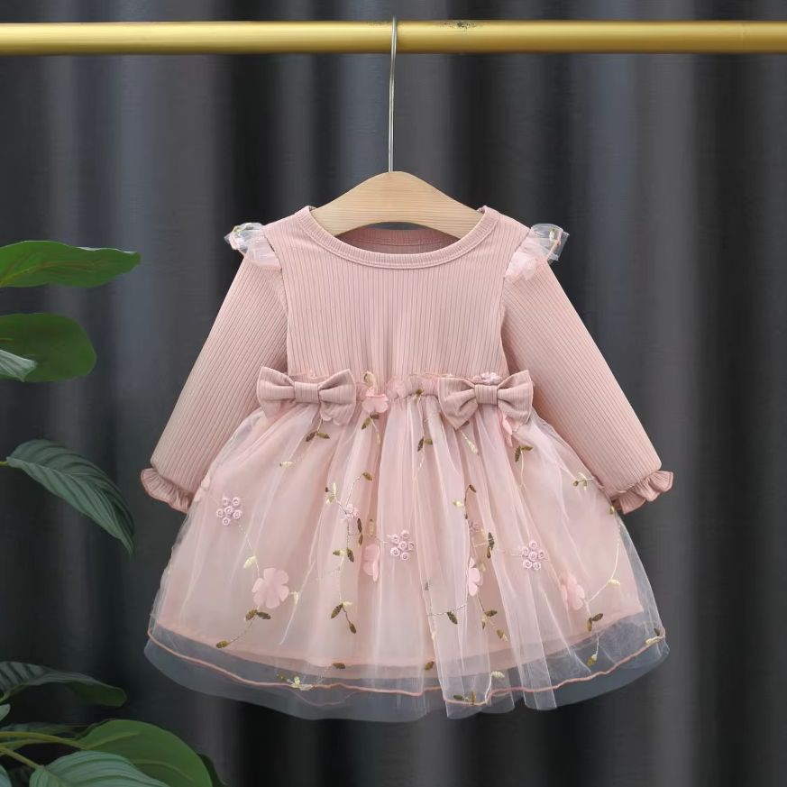 Vestido de otoño y primavera para bebé, vestido de punto de manga larga con bordado de flores para bebé, vestido rosa informal con cuello redondo