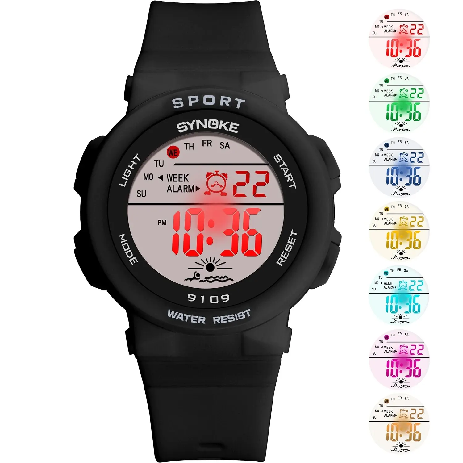 Synoke-キッズスポーツウォッチ、電子、カラフル、防水、50m、デジタル、男の子と女の子向け