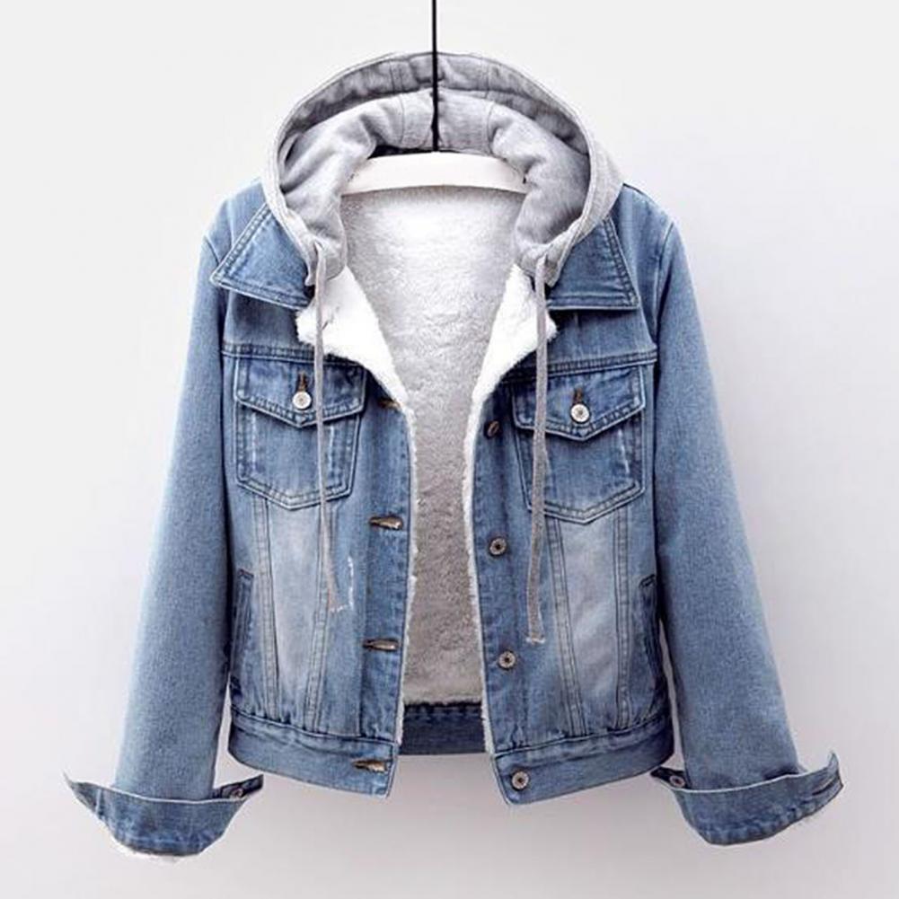 Frauen Winter Jacke Mit Kapuze Solide Lange Ärmel Abnehmbare Hut Dicke Warm Halten einreiher Plus Größe Plüsch Denim Winter mantel