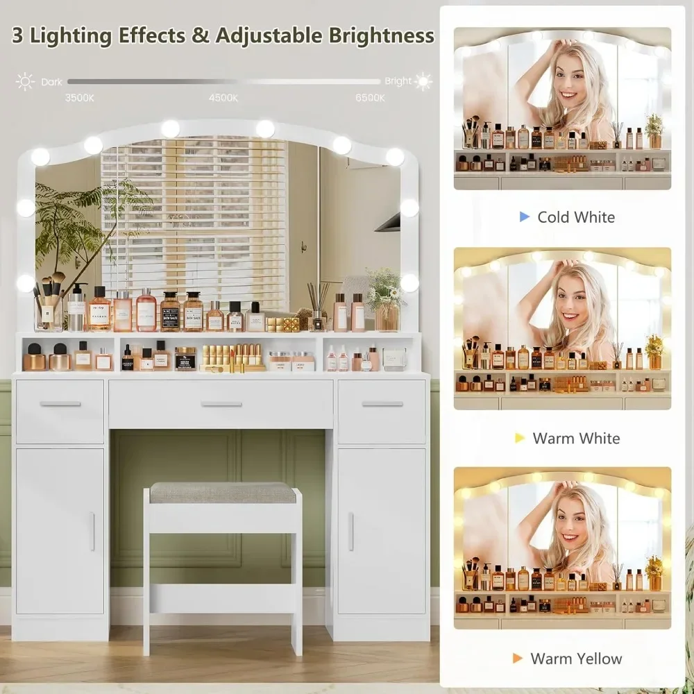 Makeup Vanity with Lights,with 3 Drawers,2 Cabinets & Long Storage Shelf,Dressing Vanity Table with Stool, Suitable for bedrooms