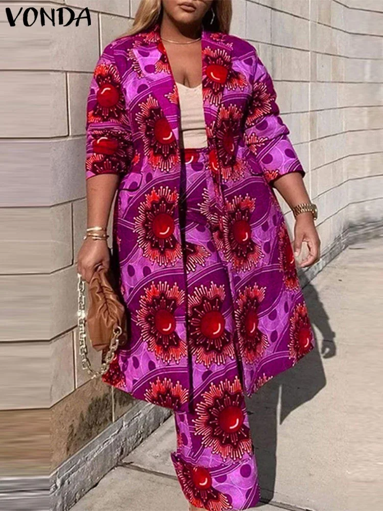 Plus Größe VONDA Frauen Sets Zwei Stück 2024 Urlaub Böhmischen Druck Elegante Langarm Outfits Mode Lässig Einfache 2 stück anzüge
