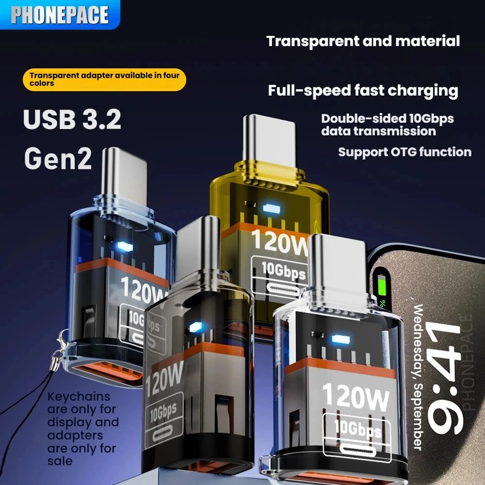 PHONEPACE USB 3.2 to Type C Adapter OTG Fast Charging 120W 10GB High Speed Data Audio Transfer For PC Tablet Xiaomi Huawei