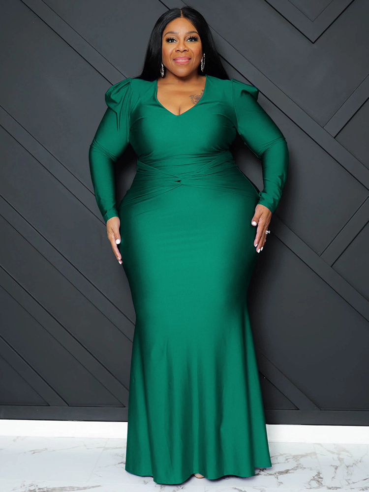 Wmstar-vestidos de fiesta de talla grande para mujer, vestido largo ajustado de manga larga con cuello de pico, vestido largo de noche elegante, venta al por mayor, triangulación de envíos