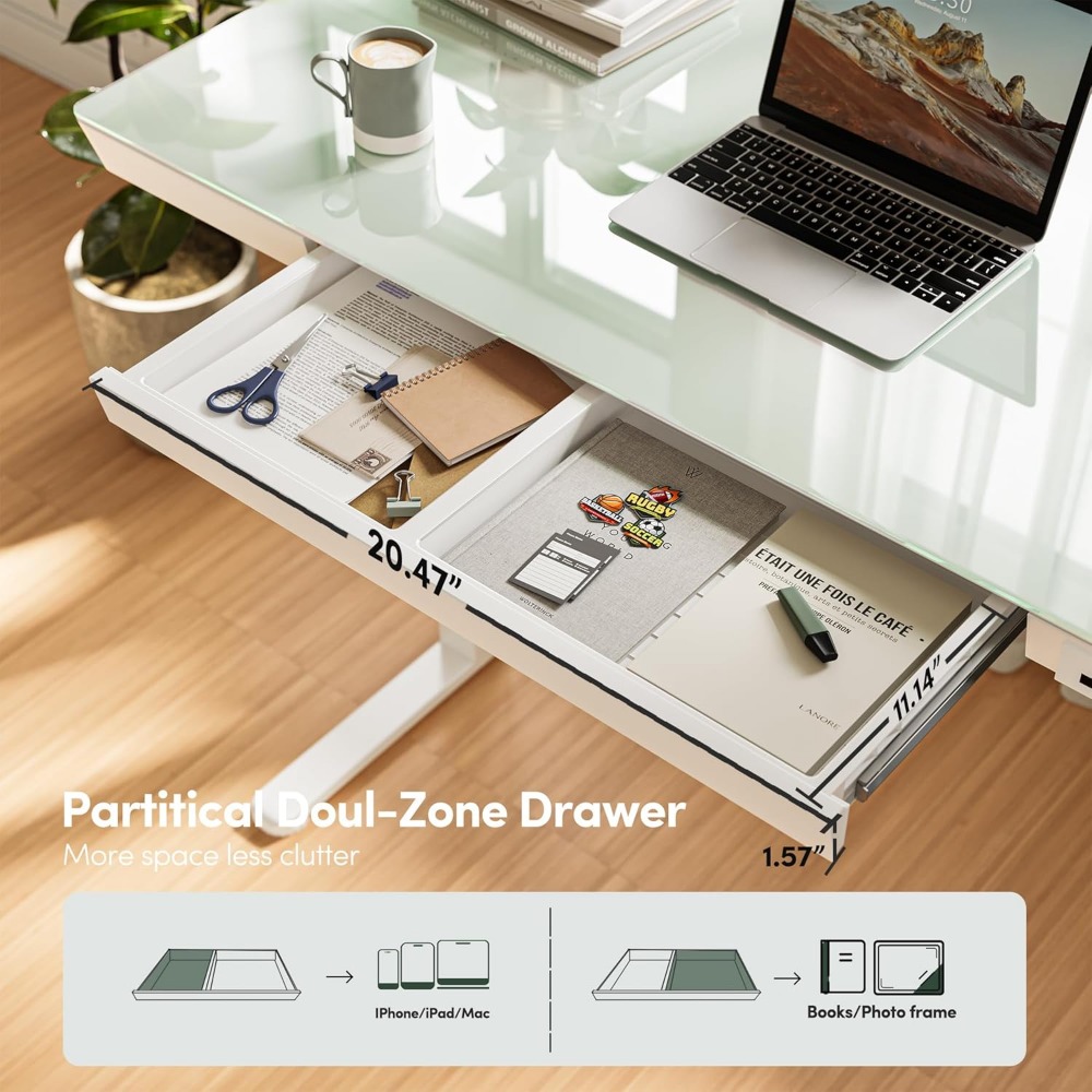 48 × 24 Electric Standing Desk with Drawers, Whole-Piece Glass Adjustable Height Desk, One-Piece Quick Install Adjustable