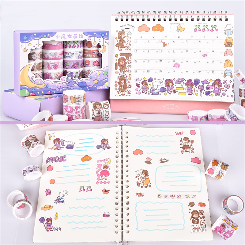 20 Rolls Boxed Kawaii Washi Tape Set, Cute Cartoon DIY Masking Tape, Grid Sticky Note Paper for Scrapbooking & Journaling