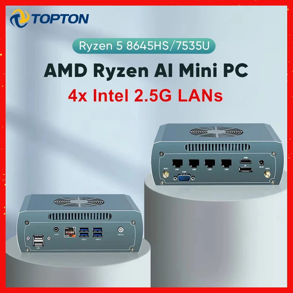 Topton FU04 Solid Firewall Мини-ПК AMD Ryzen 5 8645HS 7535U 4 * Intel 2.5G LAN 2 * DDR5 2 * NVMe Игровой компьютер Proxmox Machine Vision