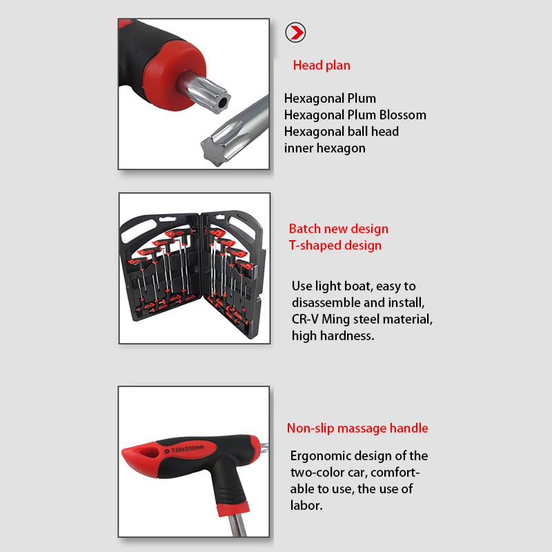 Set kunci pas pegangan T, Set peralatan reparasi tangan bintang pegangan T & Kunci L Hex ujung bola pegangan T 16 buah