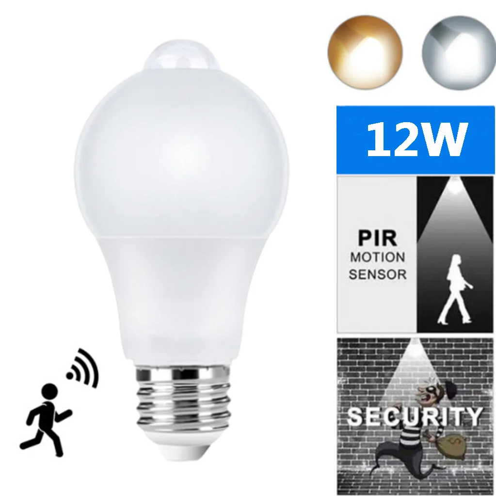 12W E27 LED Lampadina con sensore di movimento Lampada a LED Sensore PIR Luce ON/OFF automatica Luce notturna per illuminazione di parcheggio domestica 220V 110V