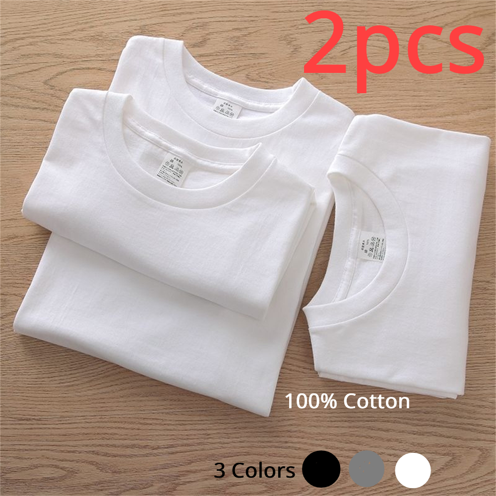 2PCS 100% 코튼 솔리드 T 셔츠 남성과 여성의 짧은 소매 흰색 티셔츠 캐주얼 통기성 느슨한 라운드 넥 티셔츠 커플 탑