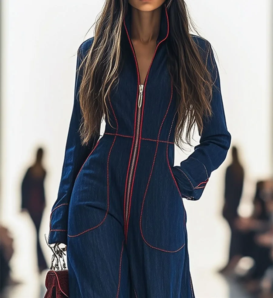 Neue Mode Lässig Herbst/Winter Langarm V-ausschnitt Taschen Einfarbig Zipper Breite Bein Overalls