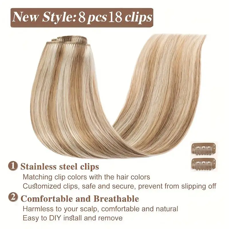 8 ชิ้นคลิปในส่วนขยายของผม 100% ผมมนุษย์จริง P8/613 สีน้ําตาลไฮไลท์สีบลอนด์สําหรับผู้หญิงทุกวันจริงสวมใส่ง่าย To Go