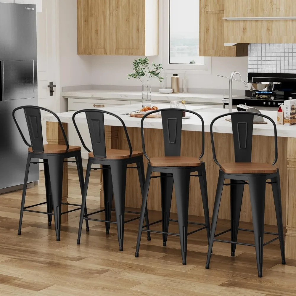 30" Swivel Metal Bar Stools Set of 4 High Back Counter Height Barstools Industrial Dining Bar Chairs with Large Wooden Seat-Mat