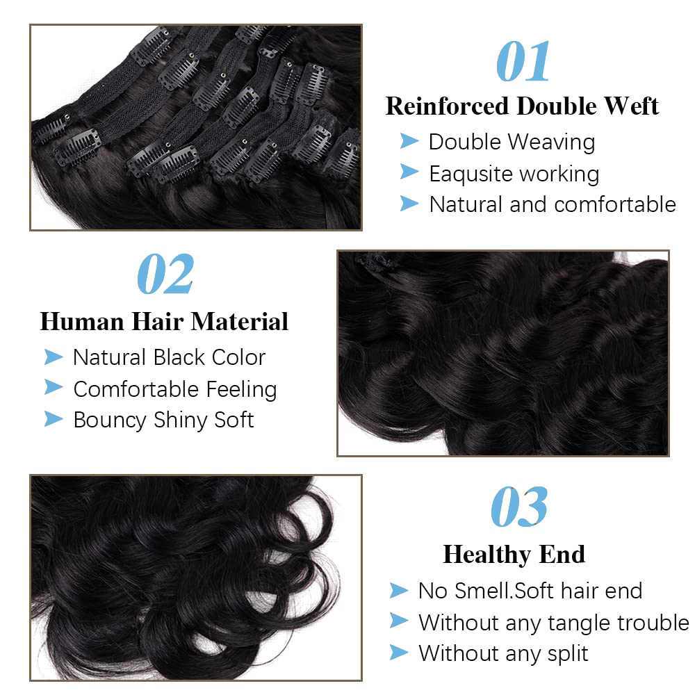 คลิป Body Wave ในต่อผมมนุษย์ธรรมชาติ 100% 8 ชิ้น 120 กรัม/เซ็ต # 1B คลิปต่อผมแบบบราซิลเต็มหัวสําหรับผู้หญิง