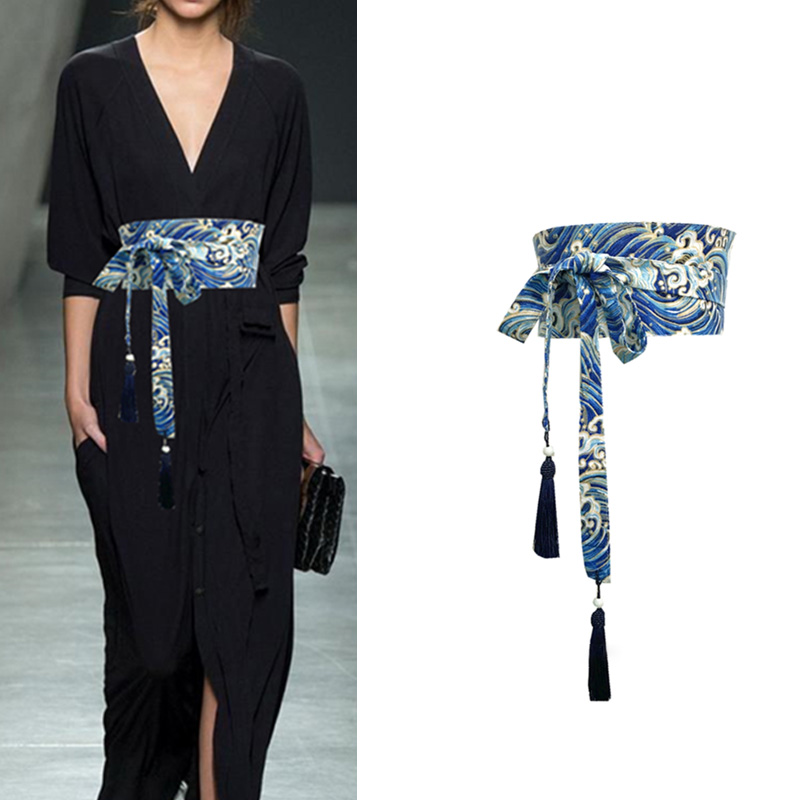 Truyền Thống Nhật Bản Kimono Thắt Lưng Nữ Dây Chéo Tua Rua Dây Xanh Dương Họa Tiết Sóng Rộng Dây Yukata Cần Trục Haori Obi Châu Á Thon Eo