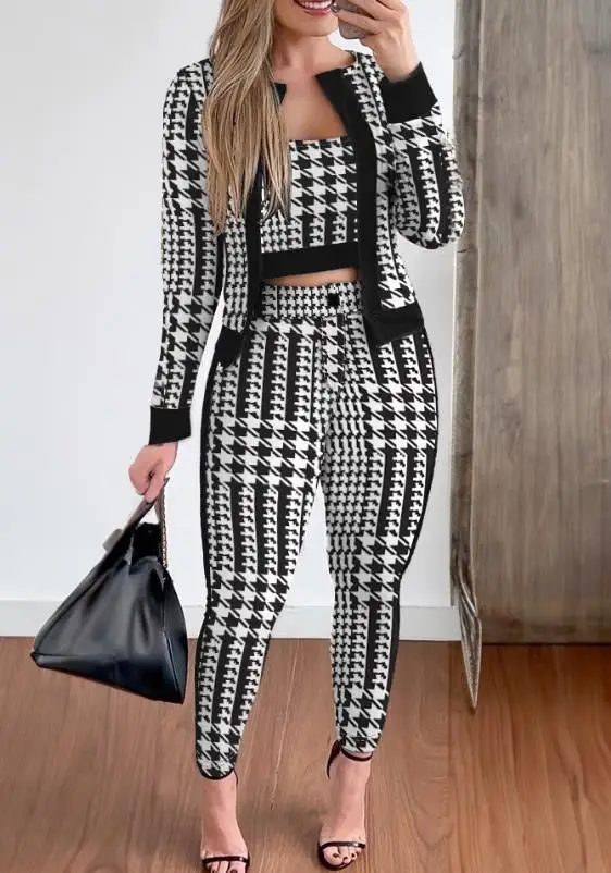 Conjuntos de trajes para mujer, conjunto de 3 piezas con estampado a cuadros, Top corto y pantalones con abrigo, conjunto informal elegante a la moda para mujer 2024