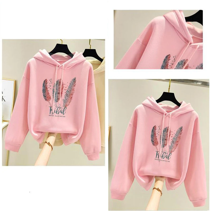Sweat à capuche imprimé plumes pour femmes, mode automne hiver, Plus velours, décontracté, ample