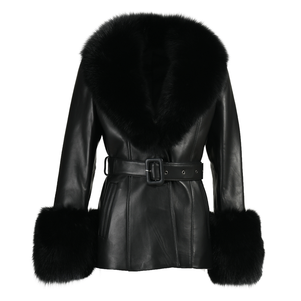 Jaxmonoy-gabardina de cuero genuino con cuello de piel de zorro Real para mujer, abrigo de piel de oveja para mujer, ropa de abrigo femenina, moda de otoño e invierno