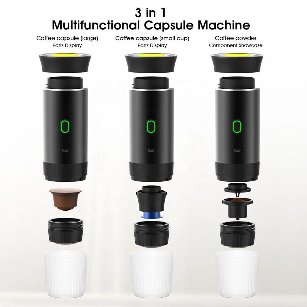 Drahtlose elektrische tragbare Espresso-3-in-1-Kaffeemaschine für Auto und Zuhause, Camping, Kaffeemaschine, Kapselpulver, Reisekaffeemaschine