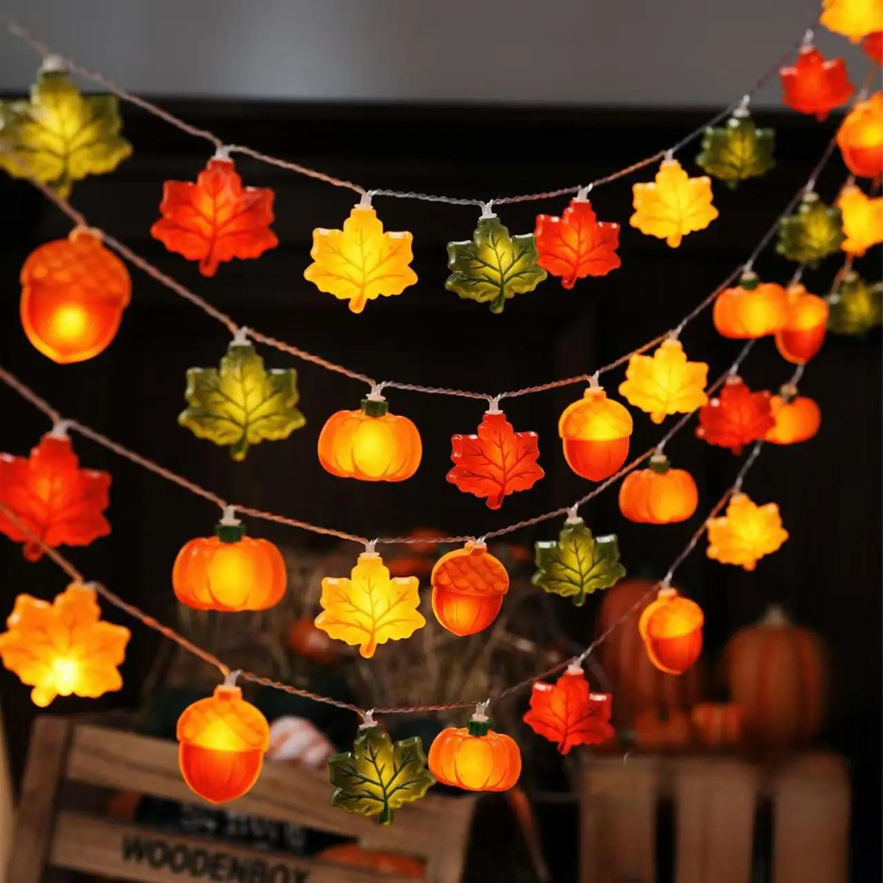 Guirnalda de luces LED de bellota de hoja de arce y calabaza, decoración de cosecha de otoño para Halloween, Acción de Gracias, Navidad, fiesta, chimenea de jardín