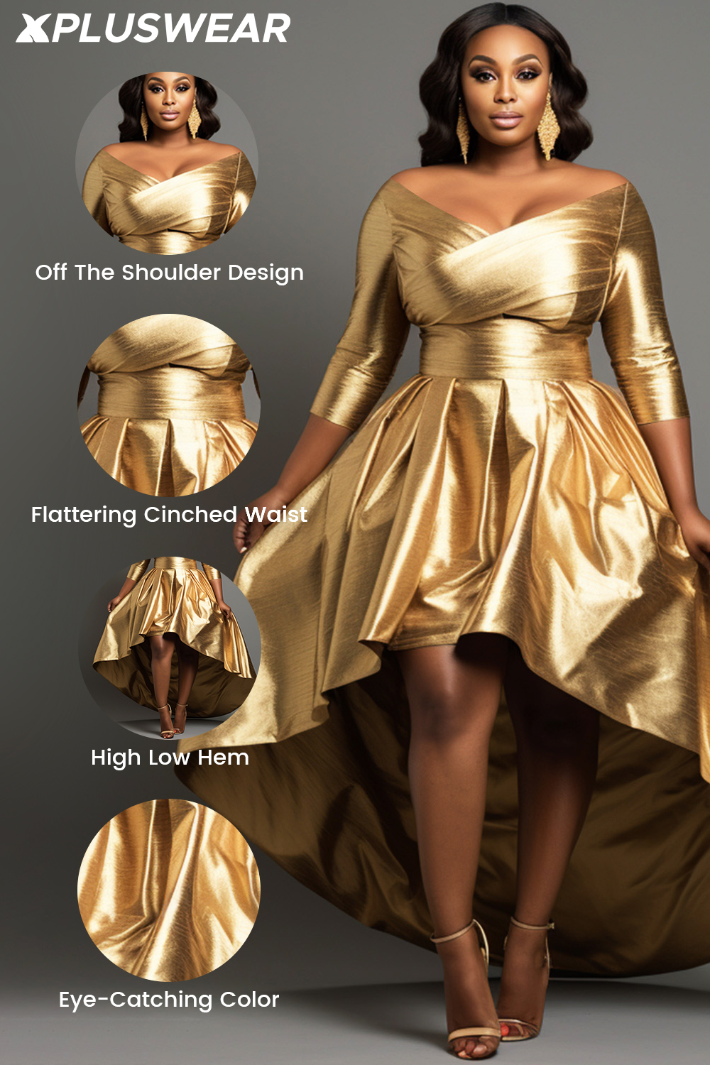 Plus Size Cocktail Party Ouro Fora Do Ombro Manga 3/4 Hem Assimétrico Glitter Maxi Vestidos