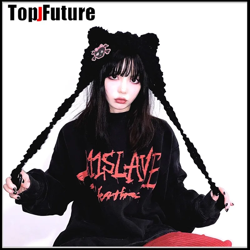 Gothic Lolita Cosplay Nhật Bản Harajuku Kawaii Đen Đầu Lâu Tai Mèo Nón Nữ Cô Gái Mùa Đông Dễ Thương Bò Mũ Y2K Cô Gái Carves nón Lưỡi Trai