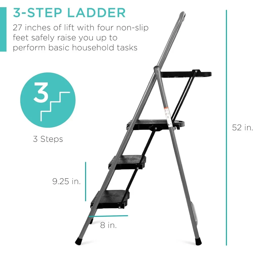 3-Step Ladder with Tool Tray, Portable Folding Wide Anti-Slip Step Stool, Hand Grip for Home and Office, 33